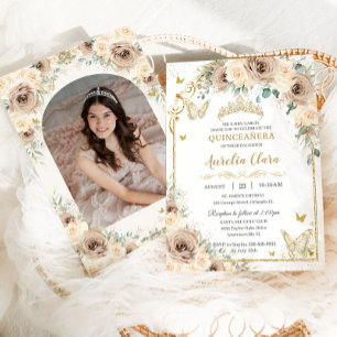 Invitación Champán Cream Floral Sweet 16 Quinceañera Photo