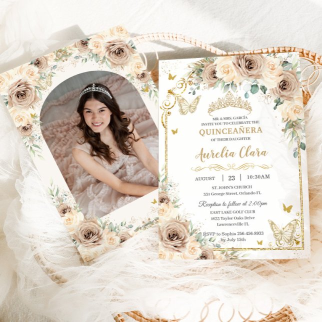 Invitación Champán Cream Floral Sweet 16 Quinceañera Photo (Subido por el creador)