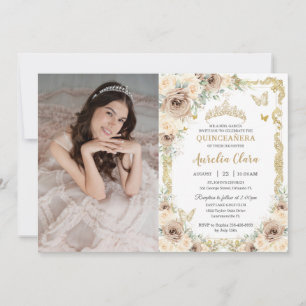 Invitación Champán Crema Floral Dulce Dieciséis QUINCEAÑERA
