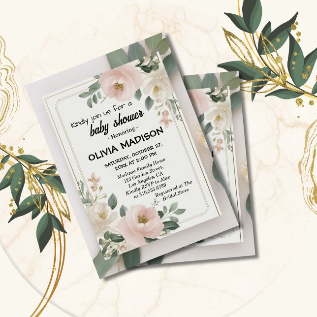 Invitación Champán de Acuarela Floral para Baby Shower (Subido por el creador)