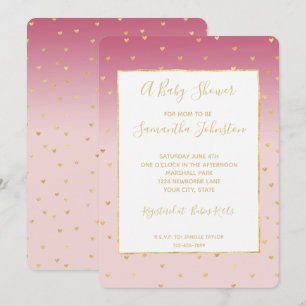 Invitación Champán de Baby Shower con Corazones Dorados y Ton