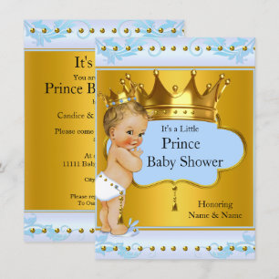 Invitación Champán de Baby Shower Príncipe Niño Azul Dorado C