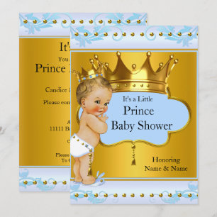 Invitación Champán de Baby Shower Príncipe Niño Azul Dorado C
