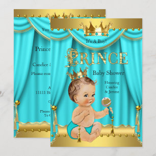 Invitación Champán de bebé del príncipe heredero oro aqua azu
