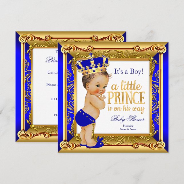 Invitación Champán de bebé del Príncipe Moreno Falso Oro Azul (Anverso / Reverso)