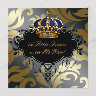 Invitación Champán de bebé niño príncipe azul negro dorado de