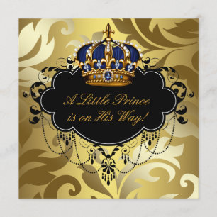 Invitación Champán de bebé niño príncipe azul negro dorado de