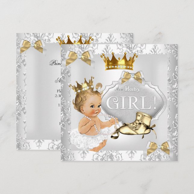 Invitación Champán de Bebé Princesa Dorado Plateado Damask Ru (Anverso / Reverso)