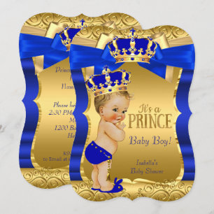 Invitación Champán de Bebé Príncipe Real Azul Dorado Lazo Rub