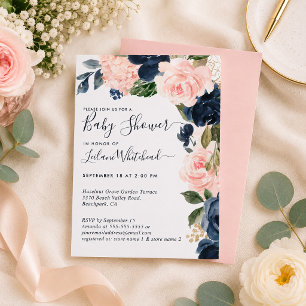 Invitación Champán de Bebé Rosa Azul Floral en Cascada