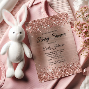 Invitación Champán de bebé rosa dorado Glittery Hoja Fancy Sc