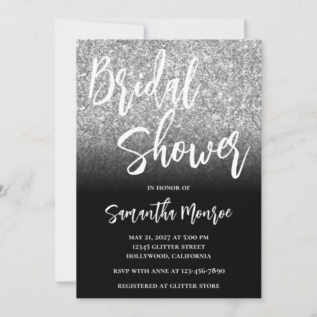 Invitación Champán de boda con gradiente negro y brillo de pl (Anverso)