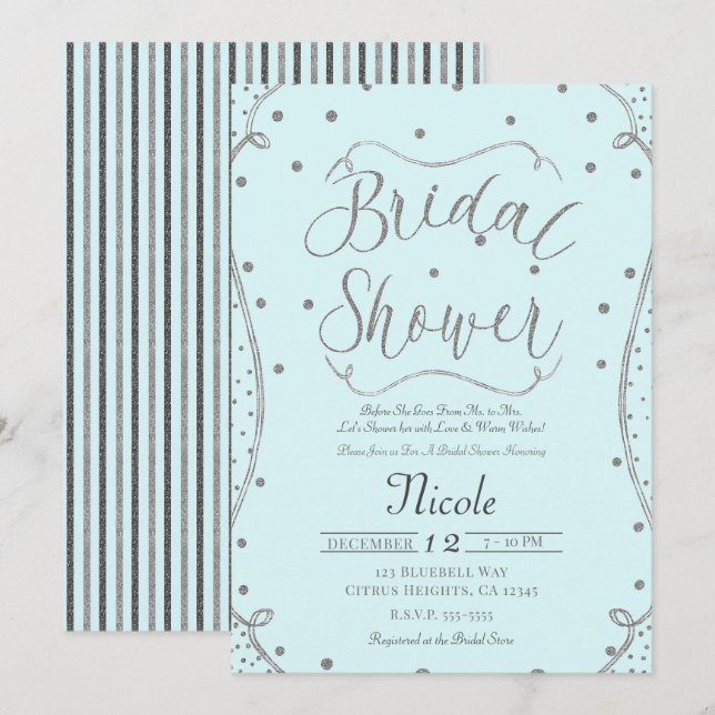 Invitación Champán de Boda en Azul Claro y Plateado (Anverso / Reverso)