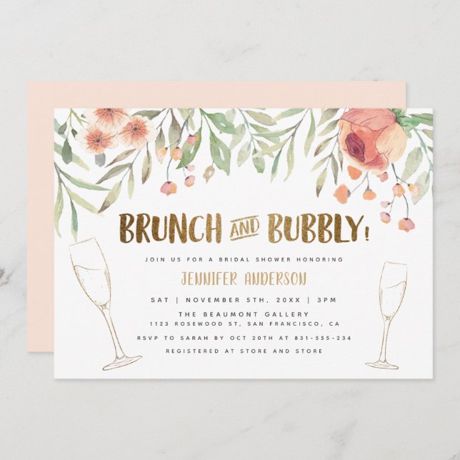 Invitación Champán de brunch y champán y ducha de novia dorad (Anverso / Reverso)