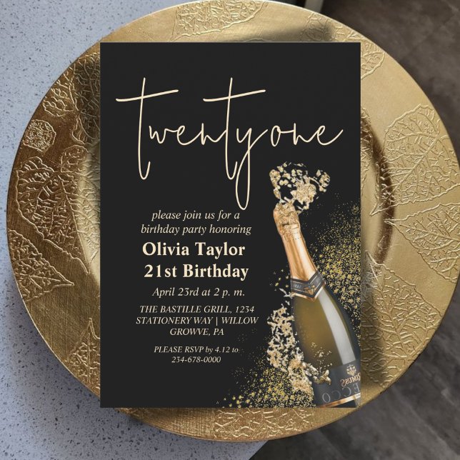 Invitación Champán de cumpleaños 21 negro y oro moderno (Subido por el creador)