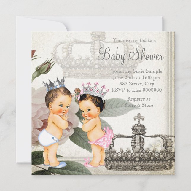 Invitación Champán de gemelos príncipe y princesa (Anverso)