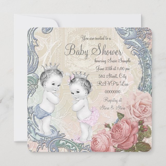 Invitación Champán de gemelos príncipe y princesa (Anverso)