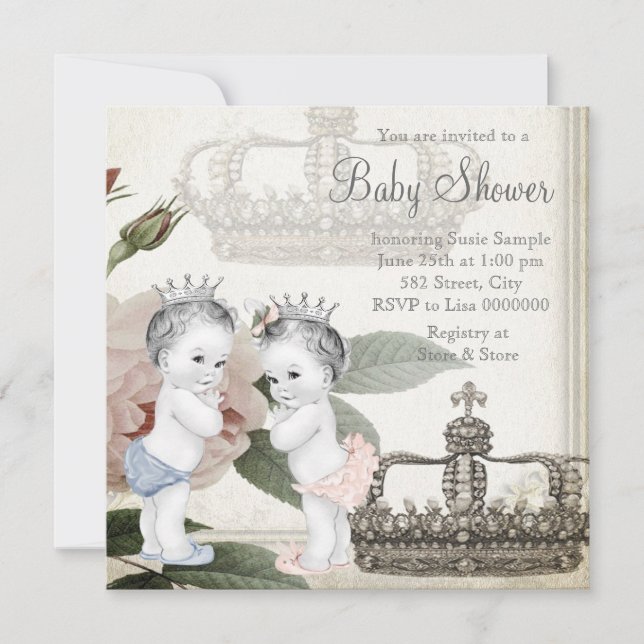 Invitación Champán de gemelos príncipe y princesa (Anverso)