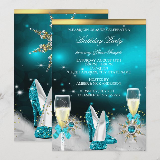 Invitación Champán de oro Verde azulado de tacones altos plat (Anverso / Reverso)