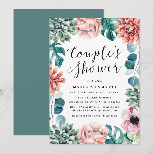 Invitación Champán de Pareja Suculentas Acuarela Boho (Anverso / Reverso)
