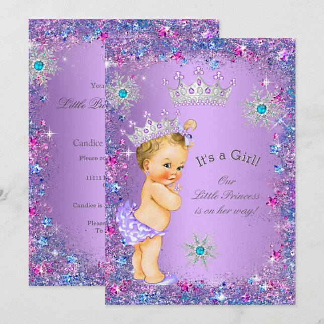 Invitación Champán de Princesa Bebé con Rosa Azul Turquesa Pu (Anverso / Reverso)