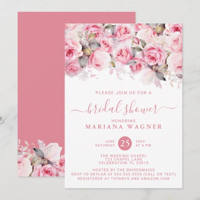 Invitación Champán de Rosas Rosadas para Despedida de Soltera (Anverso / Reverso)