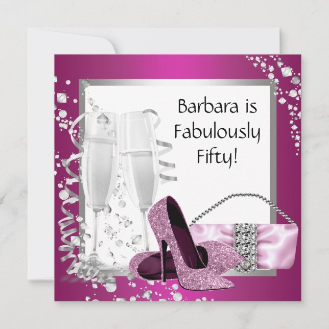 Invitación Champán de tacones altos mujeres Pink Black Birday (Anverso)