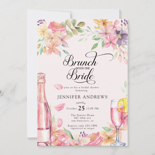 Invitación Champán floral | Brunch de Despedida de Soltera (Anverso)