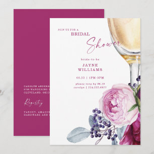Invitación Champán Floral Fuchsia Bridal Shower Elegante