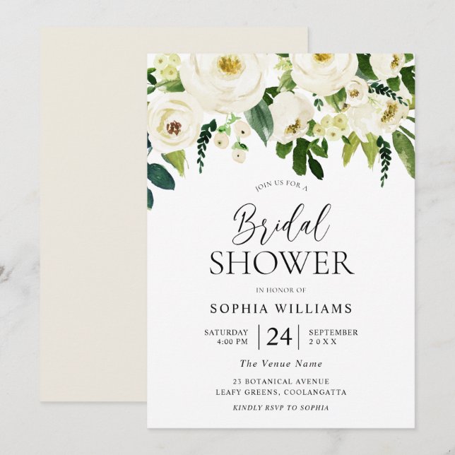 Invitación Champán Flores blancas florecientes Ducha de novia (Anverso / Reverso)