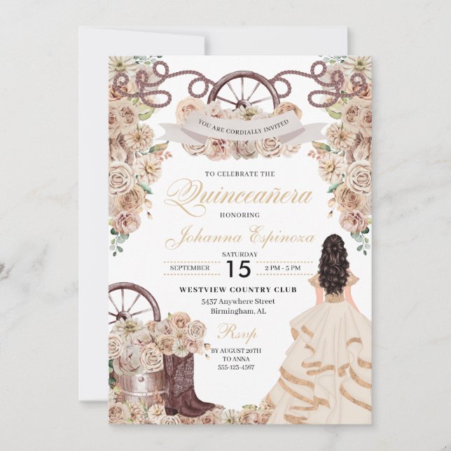 Invitación Champán Gold Western Charro Quinceanera (Anverso)