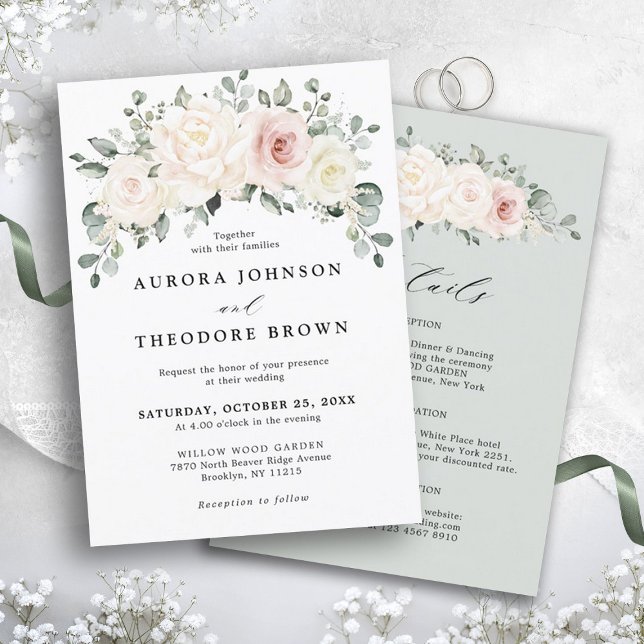 Invitación Champán Ivory Rubor Boda de la vegetación floral r (Ivory White blush floral botanical wedding invitation with details on back)