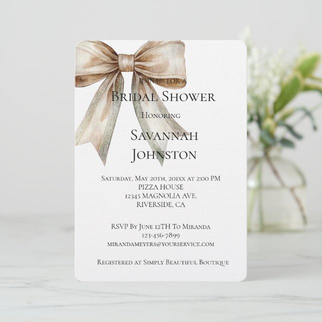 Invitación Champán Moss Bow Bridal Shower (Anverso de pie)