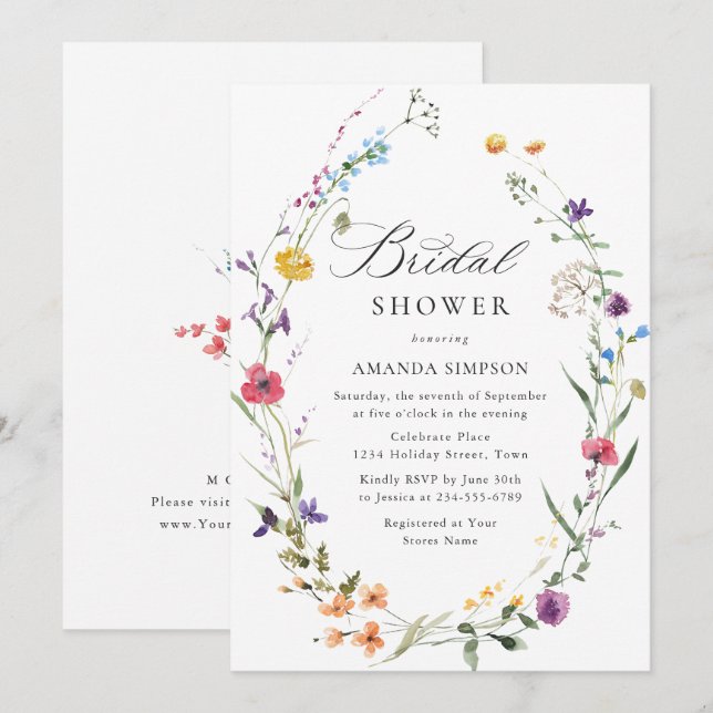 Invitación Champán Nupcial de Flores Silvestres en Acuarela E (Anverso / Reverso)
