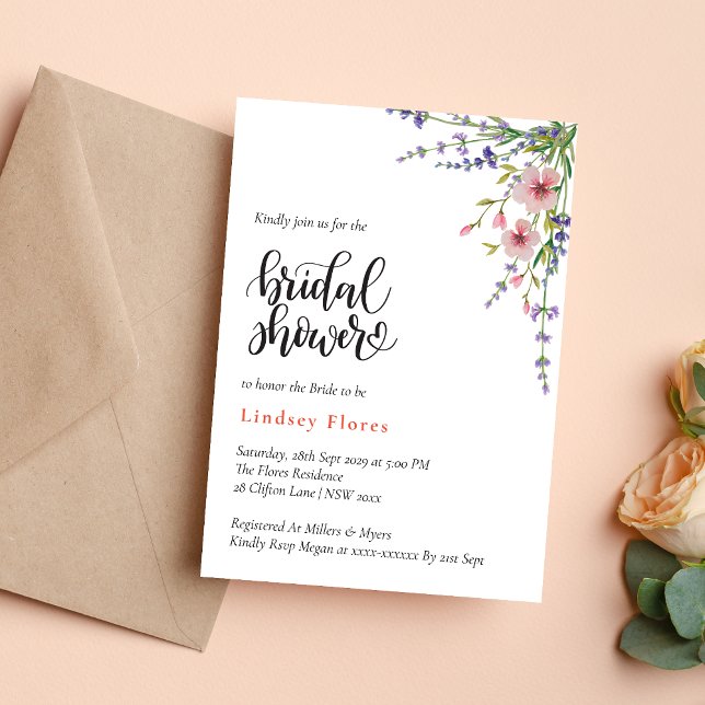 Invitación Champán Nupcial de Flores Silvestres Rosa Suave y  (Soft pink wild flowers and greenery invitation creates a fresh, romantic bridal shower tone)