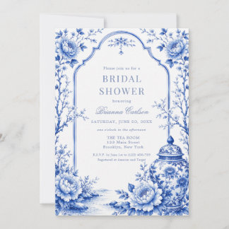 Invitación Champán Nupcial Floral Chinoiserie Azul Blanco
