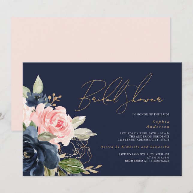 Invitación Champán Nupcial Floral Oro Rosa (Anverso / Reverso)