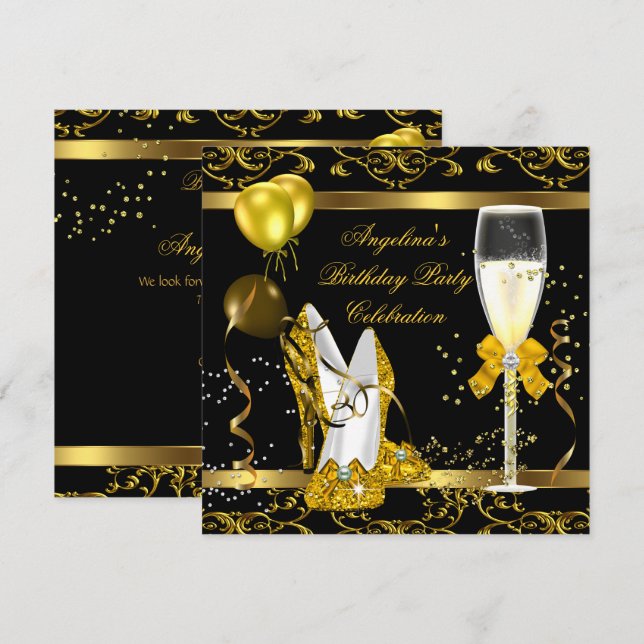 Invitación Champán Oro Purpurina Negro Heels Fiesta de Cumple (Anverso / Reverso)