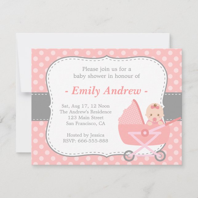 Invitación Champán para bebé: adorable bebé en cochecito (Anverso)