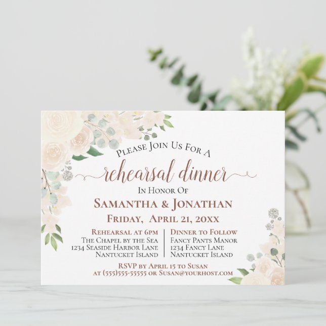 Invitación Champán Peach Floral Boda Ensayo Cena (Anverso de pie)