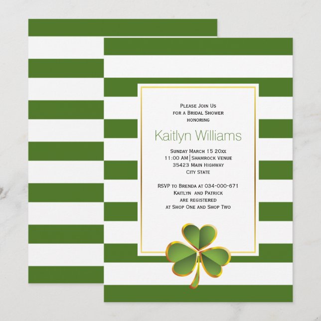 Invitación Champán, rayas verdes boda irlandés ducha de novia (Anverso / Reverso)