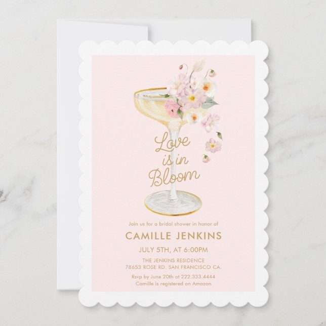 Invitación Champán Rosa Amor en Flor Despedida de Soltera (Anverso)