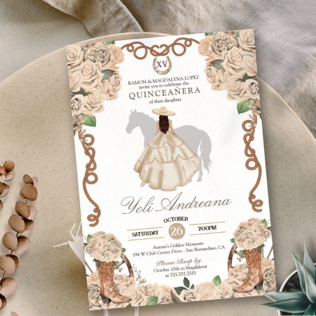 Invitación Champán Rosa Cream Floral Charro Quinceanera (Subido por el creador)