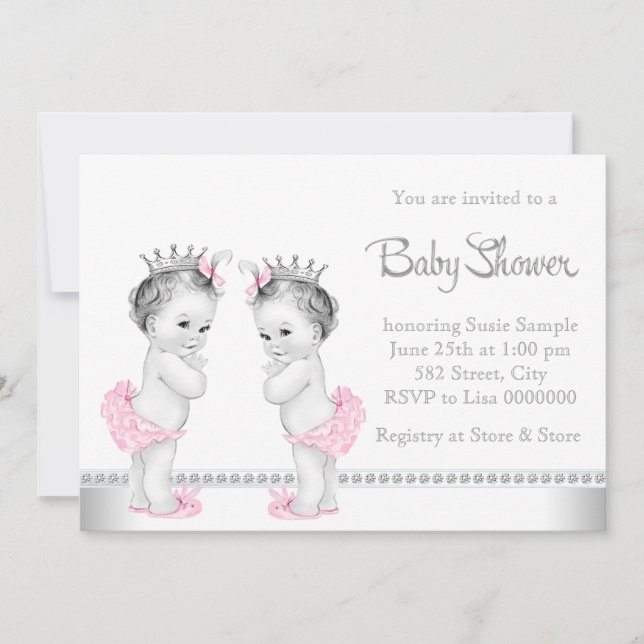 Invitación Champán Rosa y Plata para Gemelas Baby Shower (Anverso)
