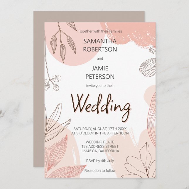 Invitación Champán Rubor Pink - Boda floral de mano dibujada (Anverso / Reverso)