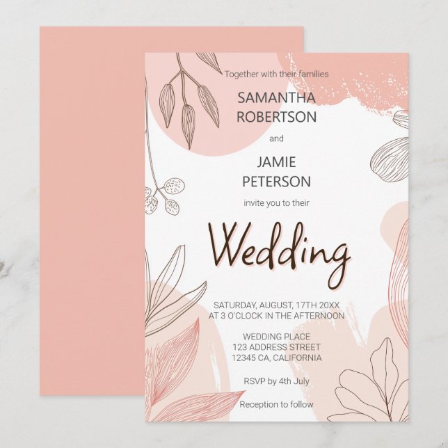 Invitación Champán Rubor Pink - Boda floral de mano dibujada (Anverso / Reverso)