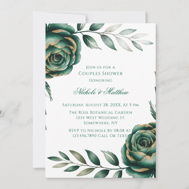 Invitación Champán Verde Esmeralda y Dorado para Parejas (Anverso)