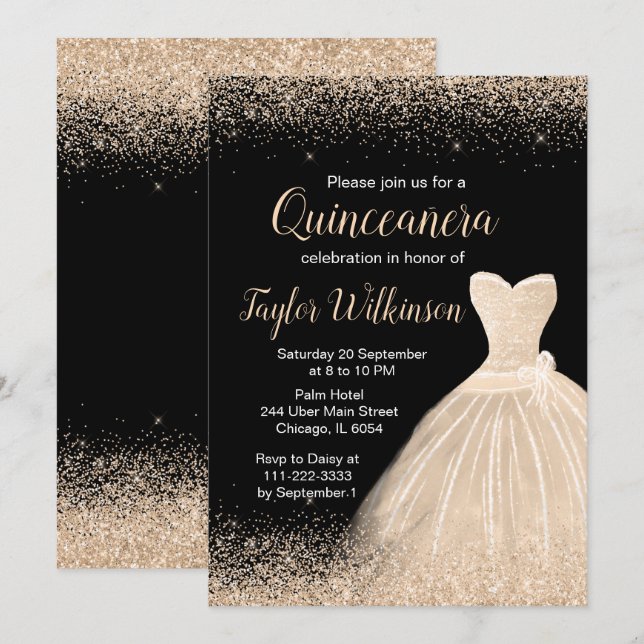 Invitación Champán Vestido Blanco Faux Purpurina Quinceanera (Anverso / Reverso)