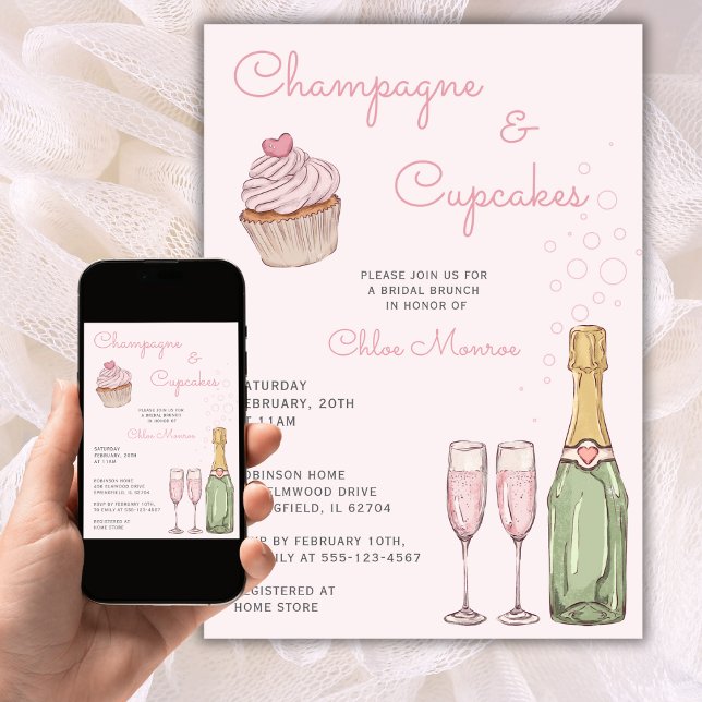 Invitación Champán y pasteles almuerzo de novia rosa moderno (Subido por el creador)