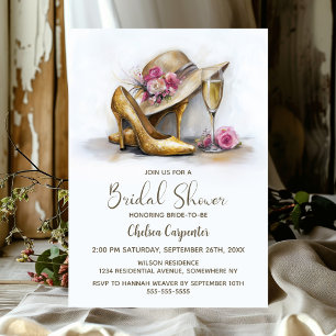 Invitación Champán y zapatos de tacón alto dorados elegantes